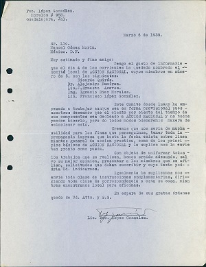 Archivo Histrico Carta a Manuel Gmez Morn  del Comit Local de Jalisco
