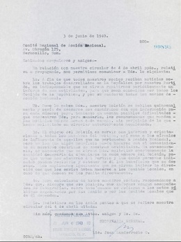 Archivo Histrico Carta de Juan Landerreche O. al Comit Regional de Hermosillo